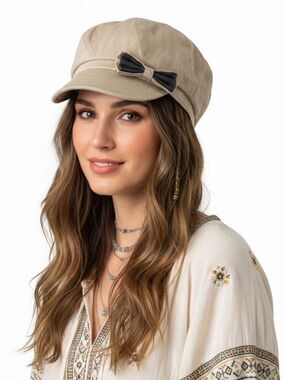 Tan Linen Newsboy Cap with Gingham Bow OS NWT